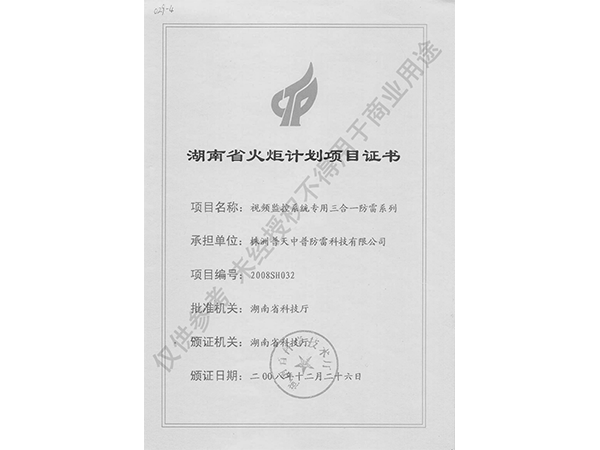 湖南省火炬计划项目证书（视频监控3合1）